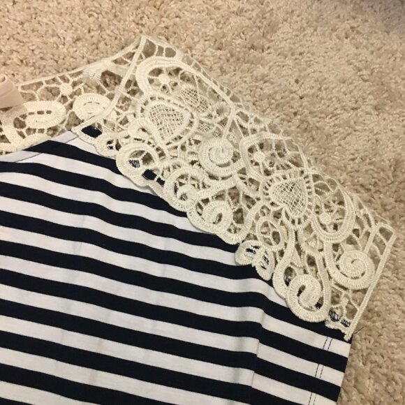 Whimsigoth Black & White Stripe and Crochet Lace Shoulder Tie Back Top - Picture 10 of 13